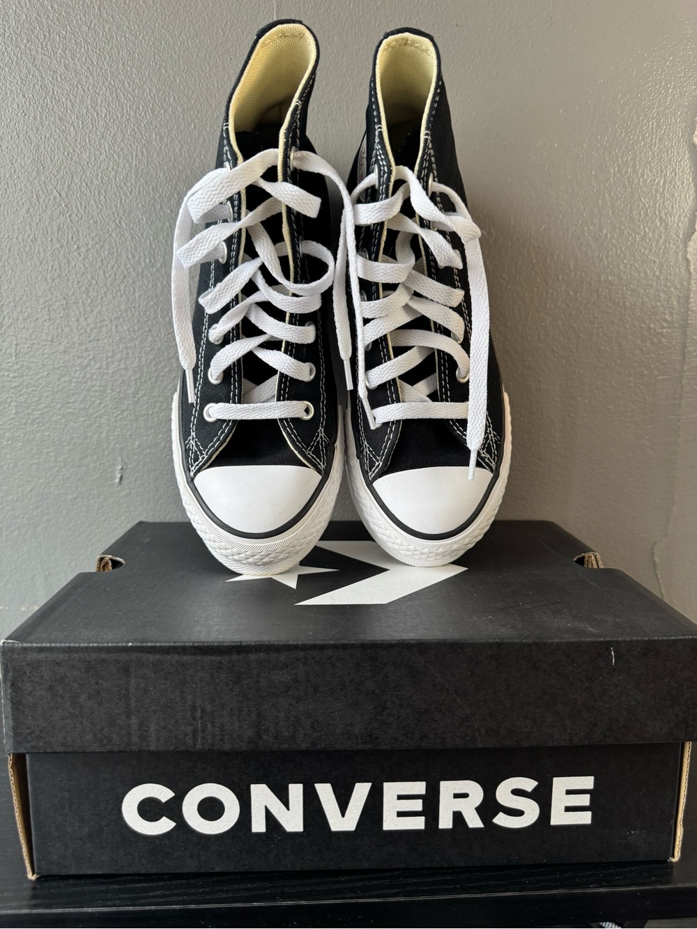 Size 2 Converse Kids Black and White High-Top Sneakers